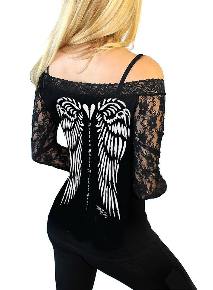 Women&#39;s &quot;Wicked Angel&quot; Off Shoulder Lace Sleeve Tee by Demi Loon (Black) - www.inkedshop.com