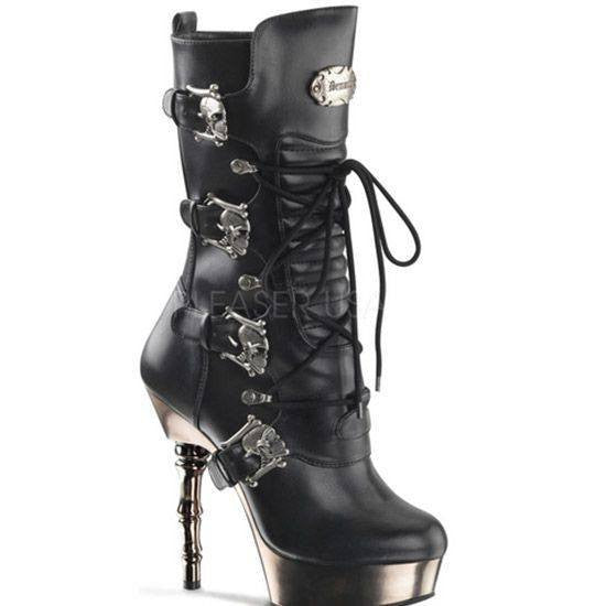 Lace Up Calf High Boot Featuring Skull Buckle Straps by Demonia - InkedShop - 2