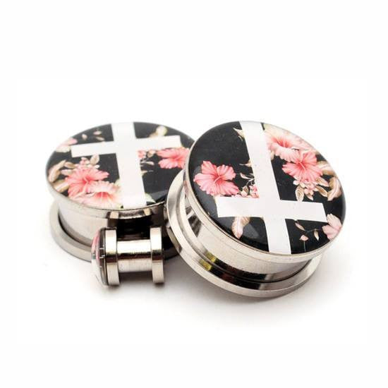 Vintage Floral Cross Picture plugs by Mystic Metals Body Jewelry - InkedShop - 2