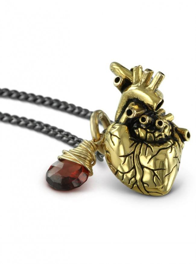 &quot;Small Gold Anatomical Heart And Garnet&quot; Necklace by Lost Apostle (Gold-Plated Bronze) - InkedShop - 3
