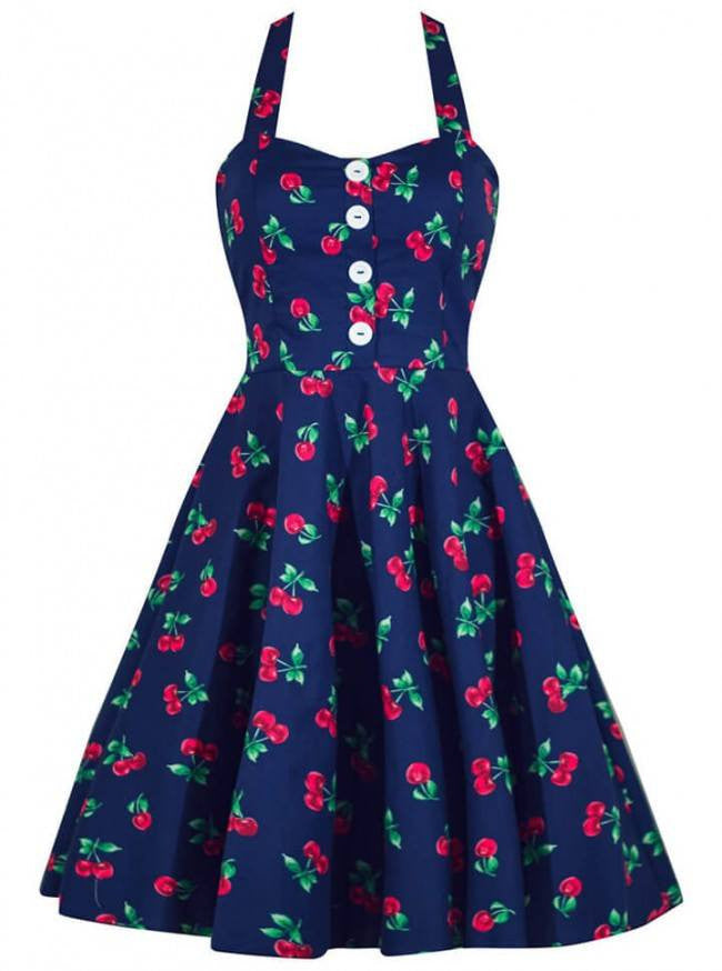 Women&#39;s &quot;Cherry Print&quot; Swing Dress by Double Trouble Apparel (Navy) - www.inkedshop.com