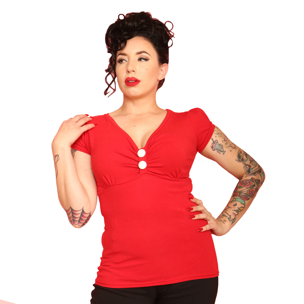 Women&#39;s Vintage Pin-Up V Cut French Sleeve Top