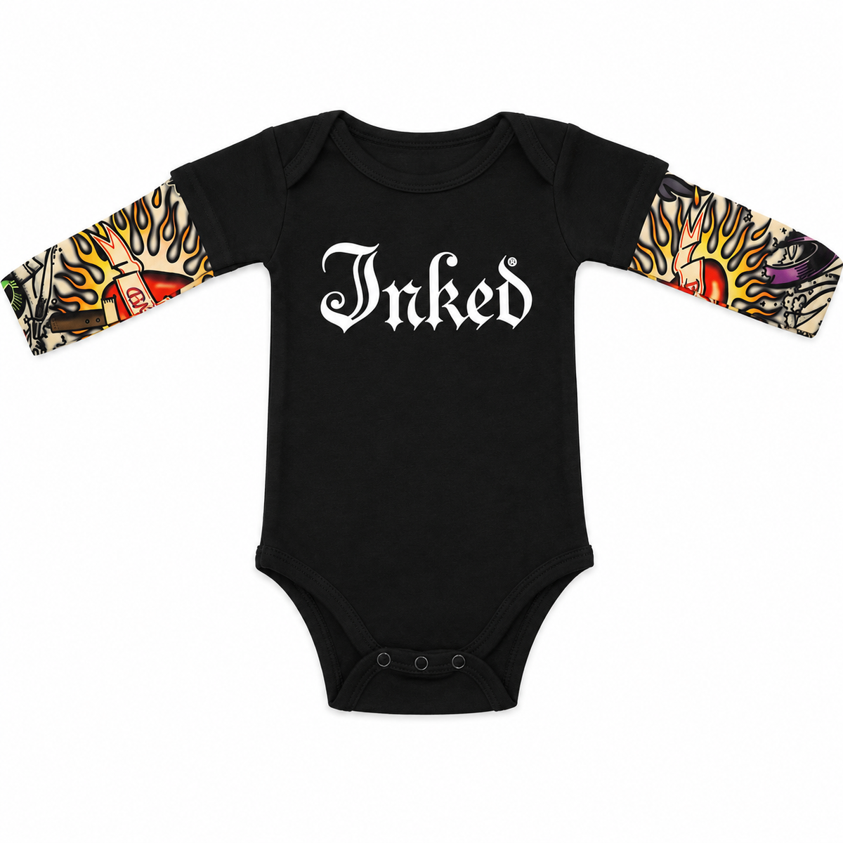 Tattoo Sleeve Baby Onesie -Black-  Hearts & Flames Print