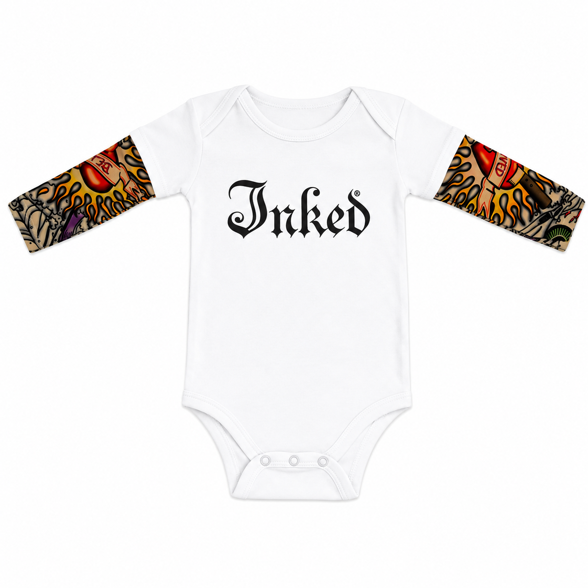 Tattoo Sleeve Baby Onesie - White- Hearts & Flames Print