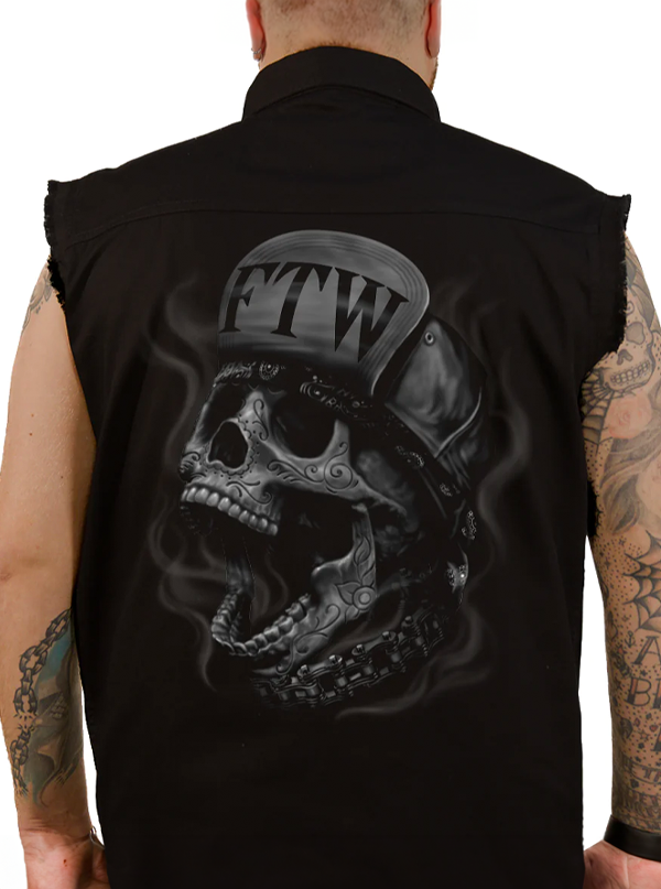 Men&#39;s FTW Skull Sleeveless Button Down Shirt