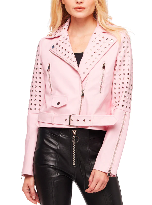 Women&#39;s Studded Pink Moto Jacket