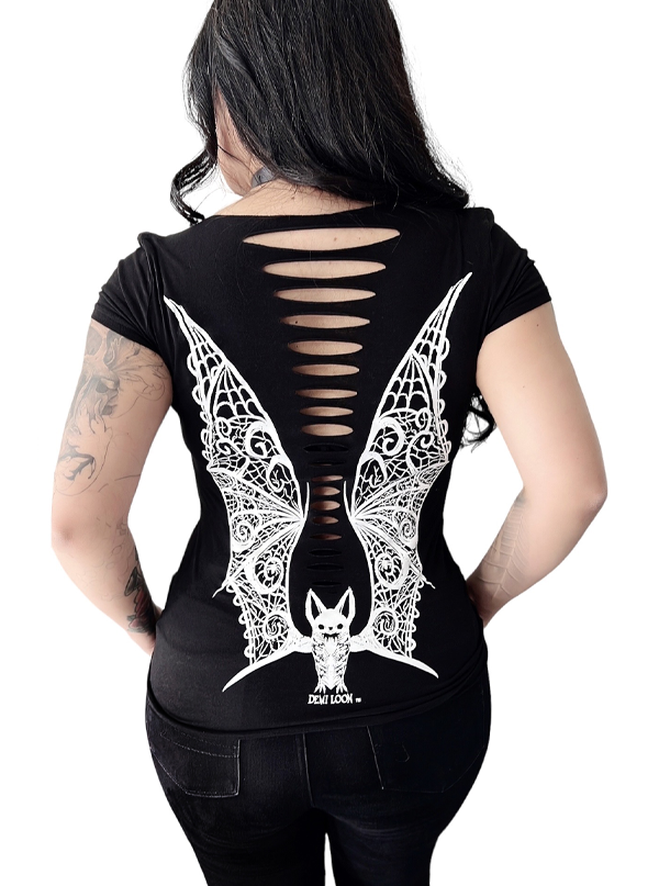 Women&#39;s Vampira Lace Bat Wings Tee