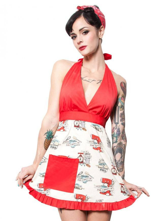 Women&#39;s &quot;In the Kitchen&quot; Apron by Hemet (White/Red) - www.inkedshop.com