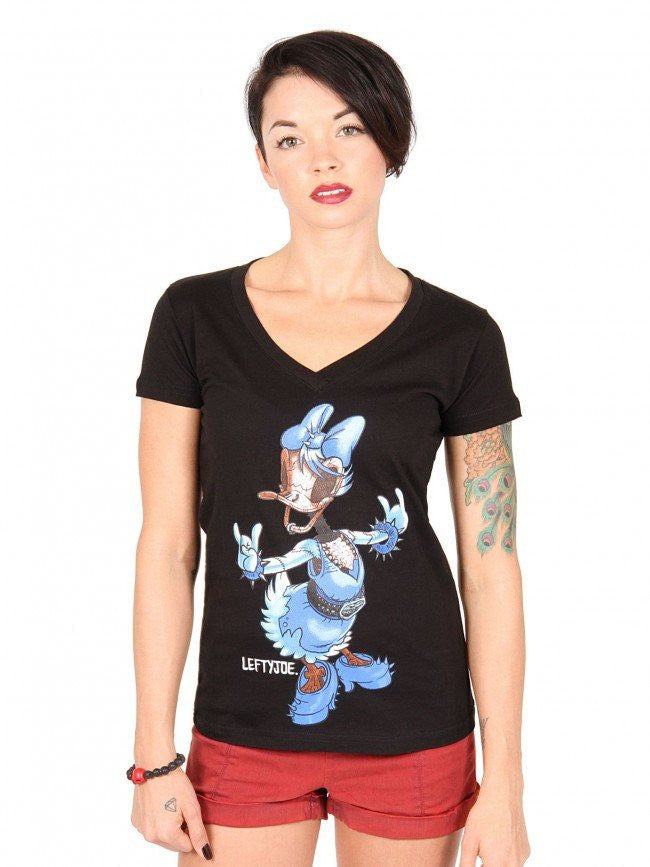 Women&#39;s &quot;Daisy&quot; V-Neck Tee by Lowbrow Art Company (Black) - InkedShop - 1