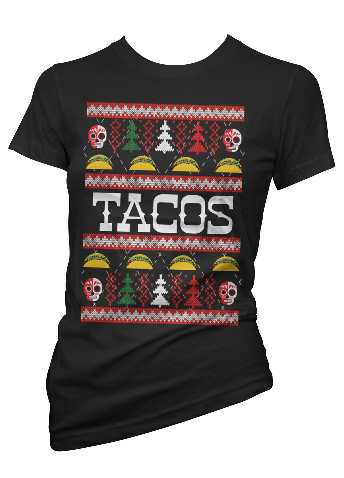 Women&#39;s &quot;Taco&quot; Ugly Christmas Sweater Tee by Cartel Ink (Black) - www.inkedshop.com