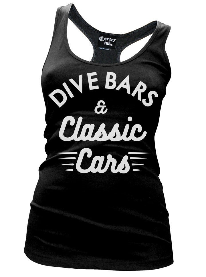 Women&#39;s &quot;Dive Bars &amp; Classic Cars&quot; Racerback Tank by Cartel Ink (Black) - www.inkedshop.com