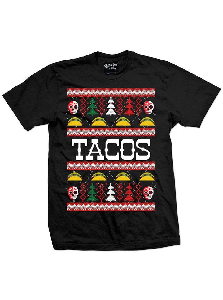 Men&#39;s &quot;Tacos&quot; Ugly Christmas Sweater Tee by Cartel Ink (Black) - www.inkedshop.com