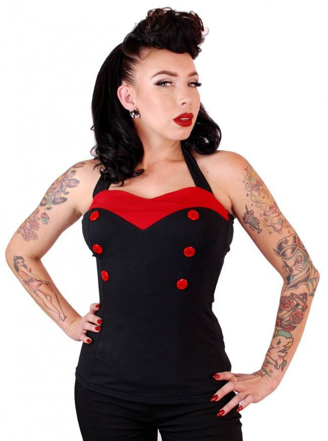 Women&#39;s &quot;V Cut&quot; Halter Top by Pinky Pinups (Black/Red) - www.inkedshop.com