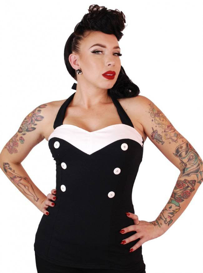 Women&#39;s &quot;V Cut&quot; Halter Top by Pinky Pinups (Black/White) - www.inkedshop.com