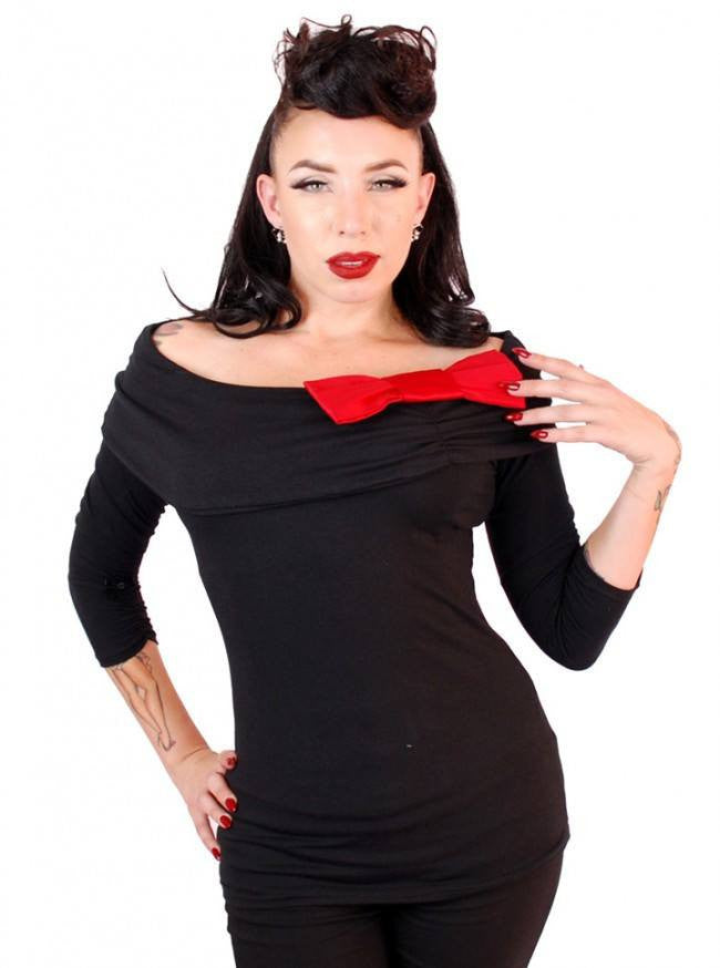 Women&#39;s &quot;Big Collar&quot; Bow Top by Pinky Pinups (Black) - www.inkedshop.com