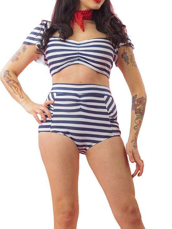 Women&#39;s &quot;Stripes&quot; Two Piece Bathing Suit by Pinky Pinups (Blue/White) - www.inkedshop.com