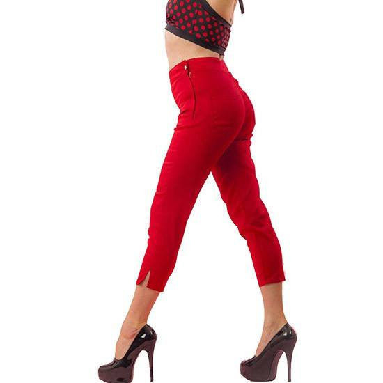 Women&#39;s Side Zipper Capri Denim Pants by Pinky Pinups (Red) - www.inkedshop.com