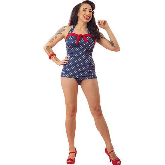 Women&#39;s &quot;Dot&quot; One Piece Bathing Suit by Pinky Pinups (Blue/White) - www.inkedshop.com