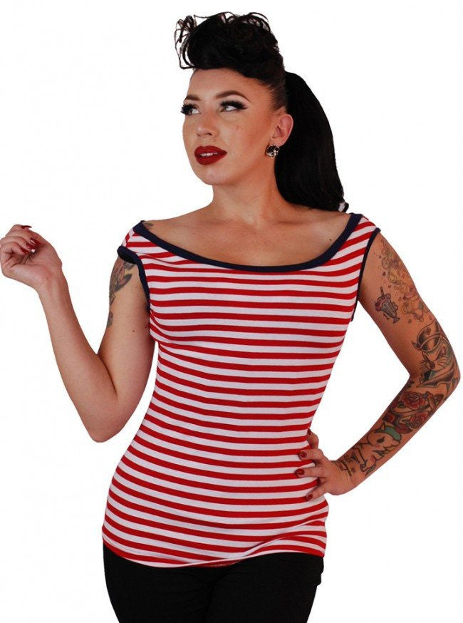 Women&#39;s &quot;Striped&quot; Boat Neck Tank by Pinky Pinups (Red/White) - www.inkedshop.com