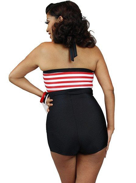 Women&#39;s &quot;Halter Style&quot; One Piece Romper Swimsuit by Pinky Pinups (Black) - www.inkedshop.com