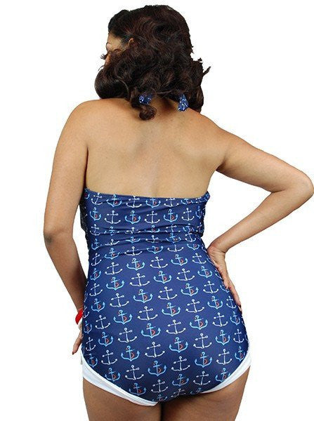 Women&#39;s &quot;Anchor Print&quot; Front Bow One Piece Swimsuit by Pinky Pinups (Blue) - www.inkedshop.com