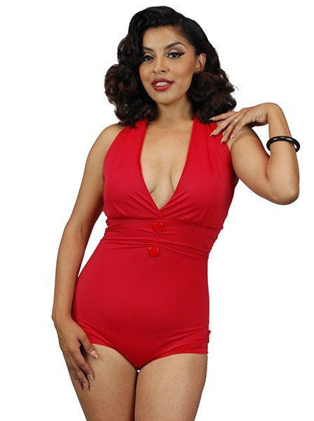 Women&#39;s &quot;Anchor Print&quot; Front Bow One Piece Swimsuit by Pinky Pinups (Red) - www.inkedshop.com