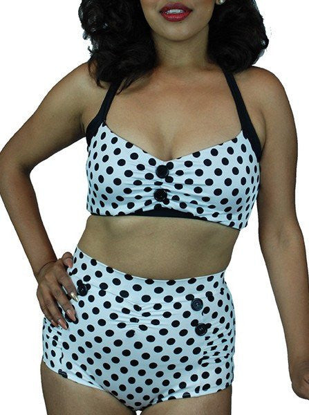 Women&#39;s &quot;Vintage&quot; Two Piece Swimsuit by Pinky Pinups (White/Black Dots) - www.inkedshop.com