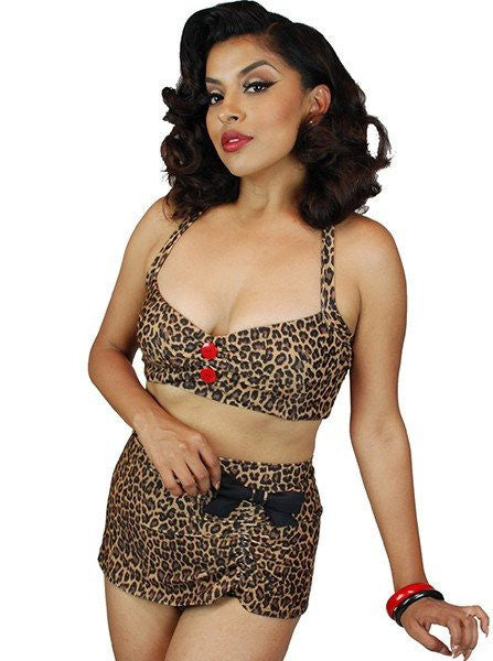 Women&#39;s &quot;Sugar Skull&quot; Two-Piece Swimsuit by Pinky Pinups (Leopard) - www.inkedshop.com