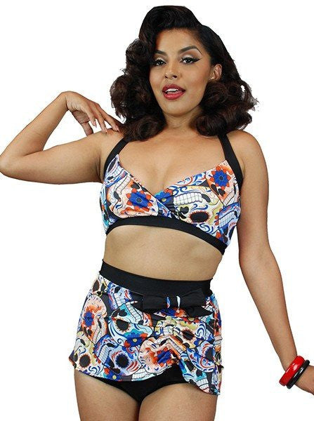 Women&#39;s &quot;Sugar Skull&quot; Two-Piece Swimsuit by Pinky Pinups (Multi) - www.inkedshop.com