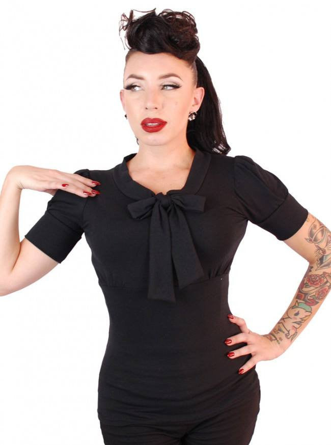 Women&#39;s &quot;Puff Sleeve&quot; Bow Top by Pinky Pinups (Black) - www.inkedshop.com