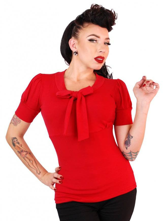 Women&#39;s &quot;Puff Sleeve&quot; Bow Top by Pinky Pinups (Red) - www.inkedshop.com