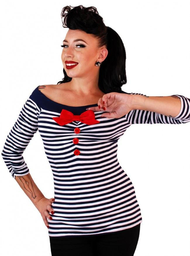 Women&#39;s &quot;Striped&quot; Off The Shoulder Top by Pinky Pinups (Navy/White) - www.inkedshop.com