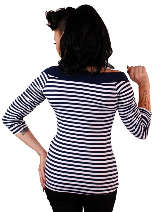 Women&#39;s &quot;Striped&quot; Off The Shoulder Top by Pinky Pinups (Navy/White) - www.inkedshop.com