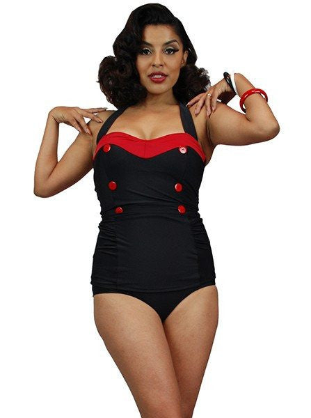 Women&#39;s &quot;V-Cut Halter Style&quot; One Piece Swimsuit by Pinky Pinups (Black/Red) - www.inkedshop.com