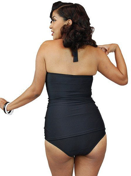 Women&#39;s &quot;V-Cut Halter Style&quot; One Piece Swimsuit by Pinky Pinups (Black/Red) - www.inkedshop.com