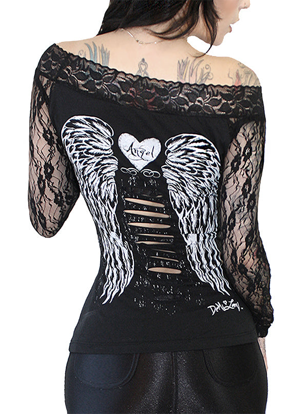 Women&#39;s Gothic Angel Lace Off Shoulder Tee