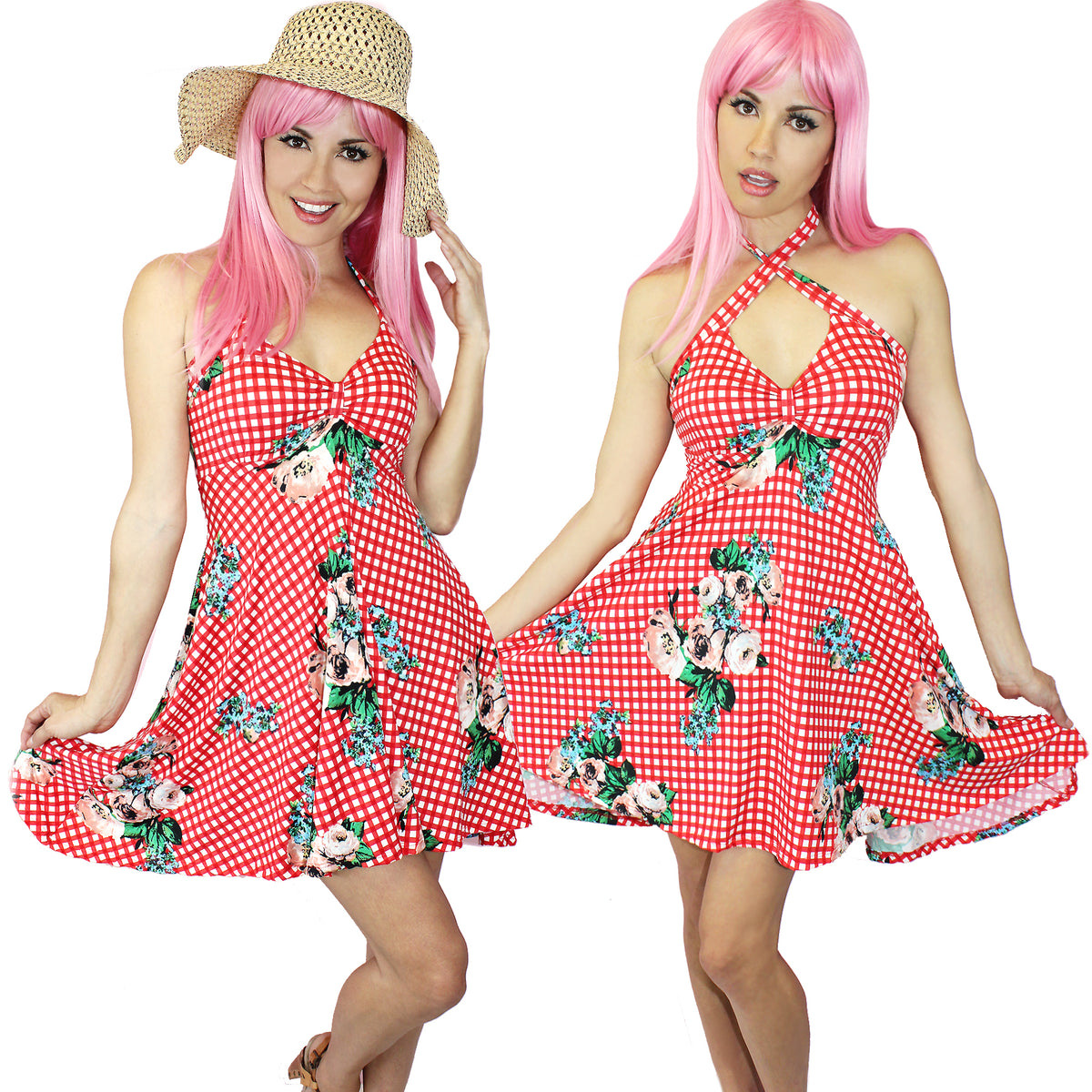 Women&#39;s Bunni Country Pinup Halter Dress (Red Gingham)