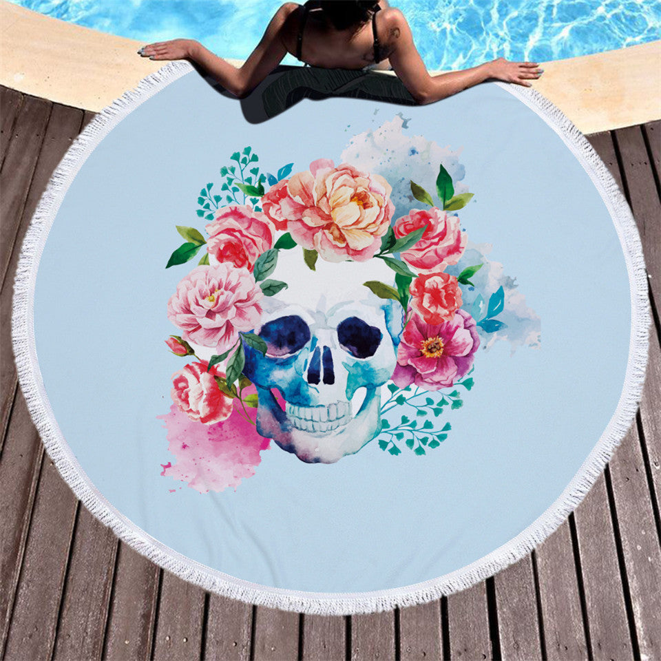 Floral Skull Round Beach Blanket