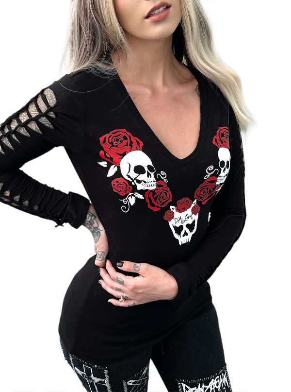 Women&#39;s Love to Death Skull Rose V-Neck Slash Tee