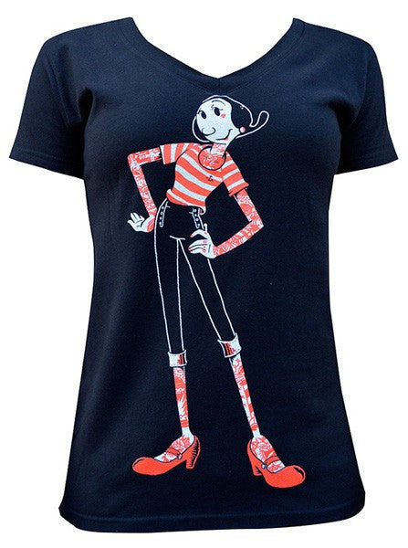 Women&#39;s &quot;Olive&quot; V-Neck Tee by Lowbrow Art Company (Black) - www.inkedshop.com
