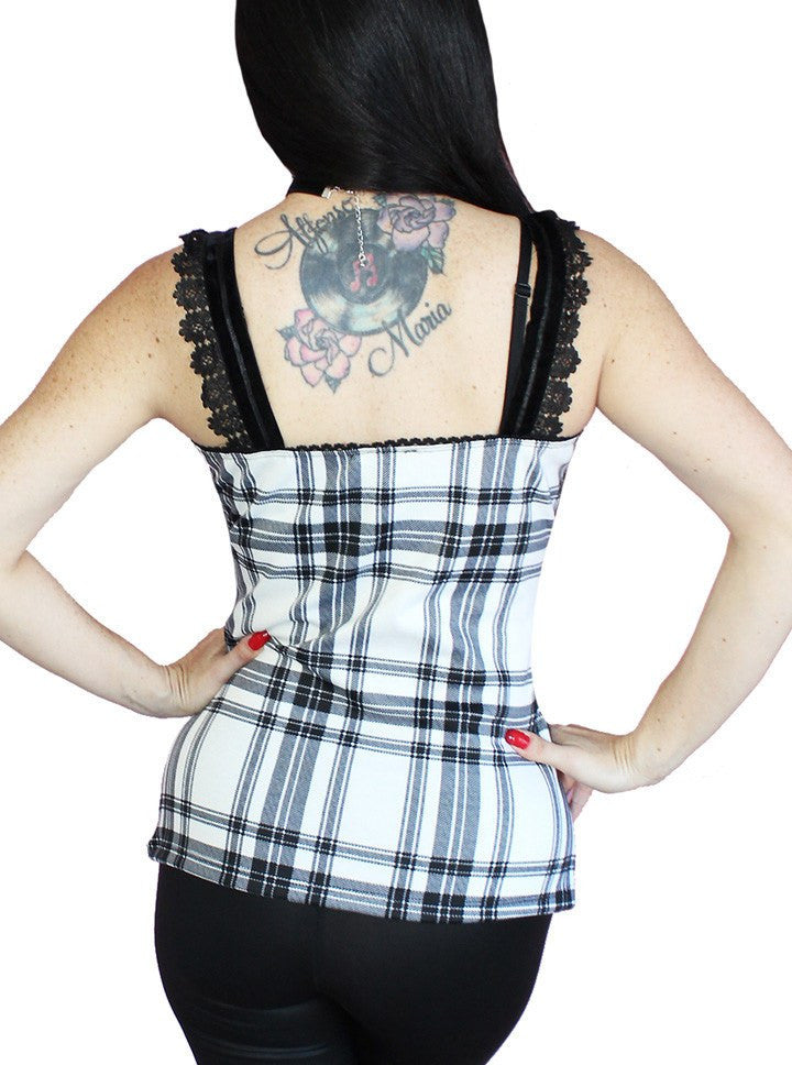 Women&#39;s &quot;Katy Plaid Gothic Lace&quot; Pinup Bow Top by Demi Loon (White/Black) - www.inkedshop.com