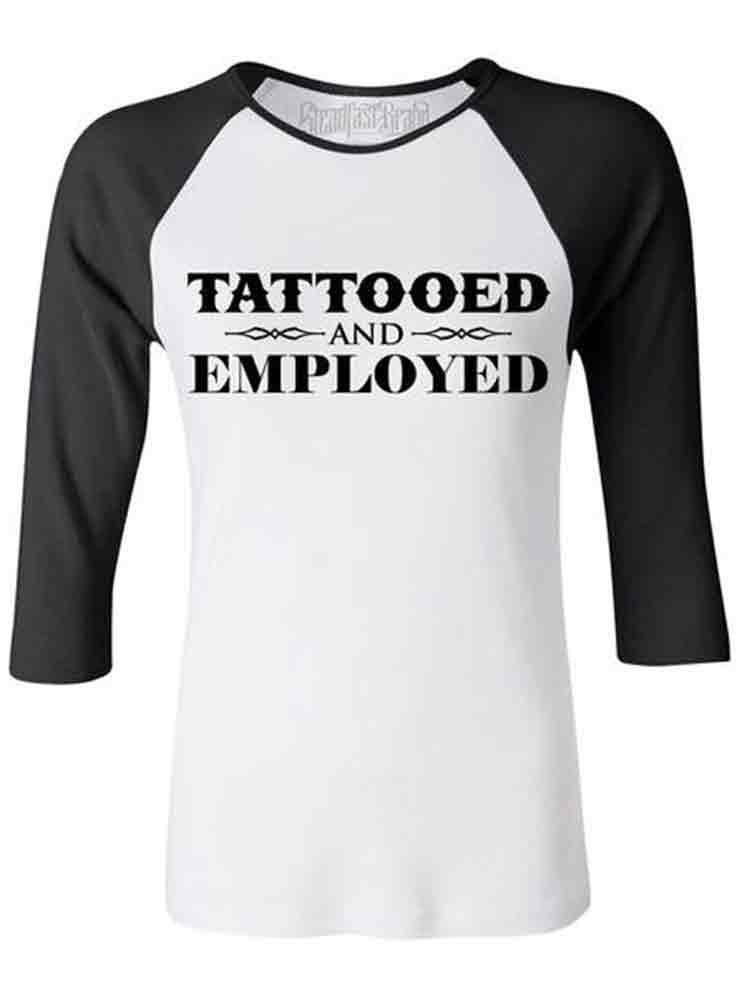 Women&#39;s Tattooed &amp; Employed Baseball Tee (White/Black)
