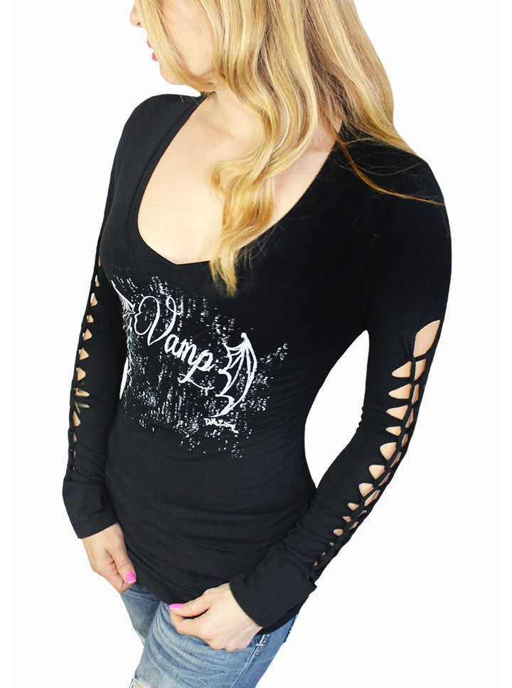 Women&#39;s &quot;Vamp Batwings Gothic Angel&quot; LS Slashed Tee by Demi Loon (Black) - www.inkedshop.com