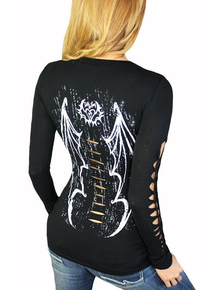 Women&#39;s &quot;Vamp Batwings Gothic Angel&quot; LS Slashed Tee by Demi Loon (Black) - www.inkedshop.com