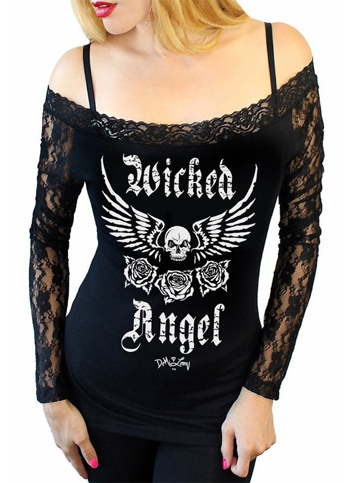 Women&#39;s &quot;Wicked Angel&quot; Off Shoulder Lace Sleeve Tee by Demi Loon (Black) - www.inkedshop.com