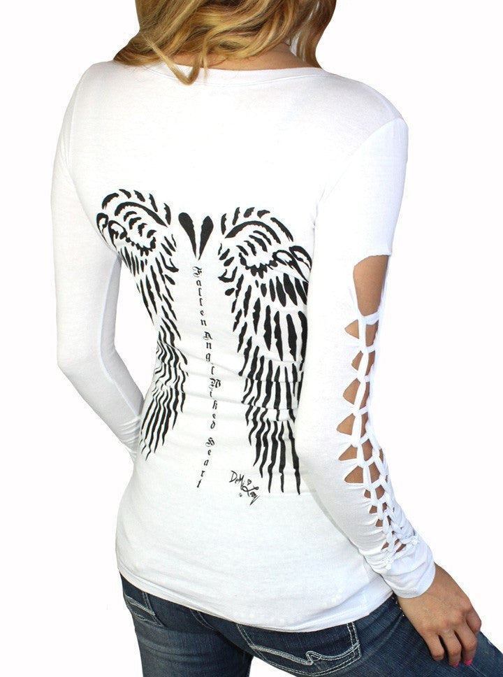 Women&#39;s &quot;Wicked Angel&quot; V-Neck Slash Tee by Demi Loon (White) - www.inkedshop.com