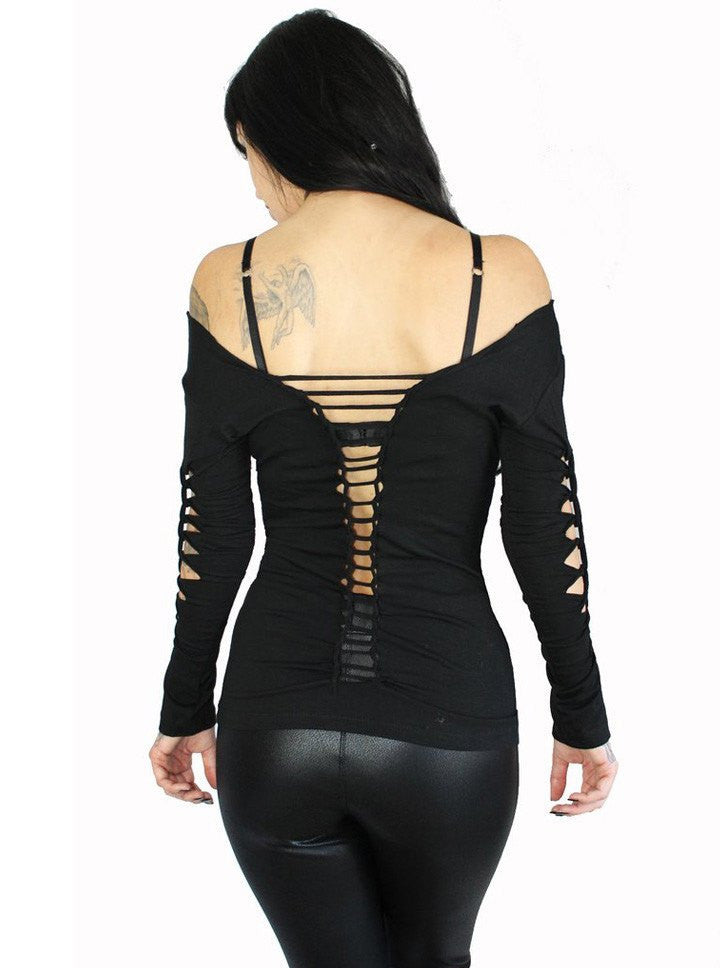 Women&#39;s &quot;Slashed Boat Neck&quot; Long Sleeve Cut Out Tee by Demi Loon (Black) - www.inkedshop.com