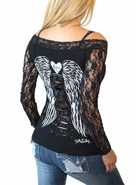 Women&#39;s &quot;Fallen Angel&quot; Lace Sleeve Tee by Demi Loon (Black) - www.inkedshop.com