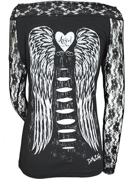 Women&#39;s &quot;Fallen Angel&quot; Lace Sleeve Tee by Demi Loon (Black) - www.inkedshop.com