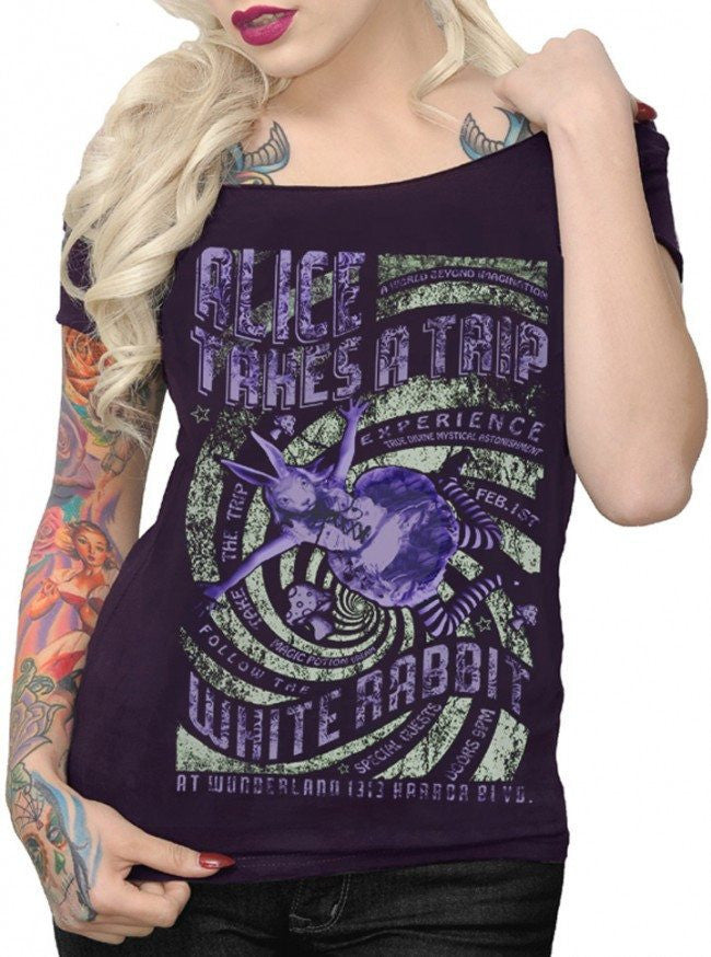 Women&#39;s &quot;Alice Takes A Trip&quot; Off Shoulder Tee by Serpentine Clothing (Black) - www.inkedshop.com